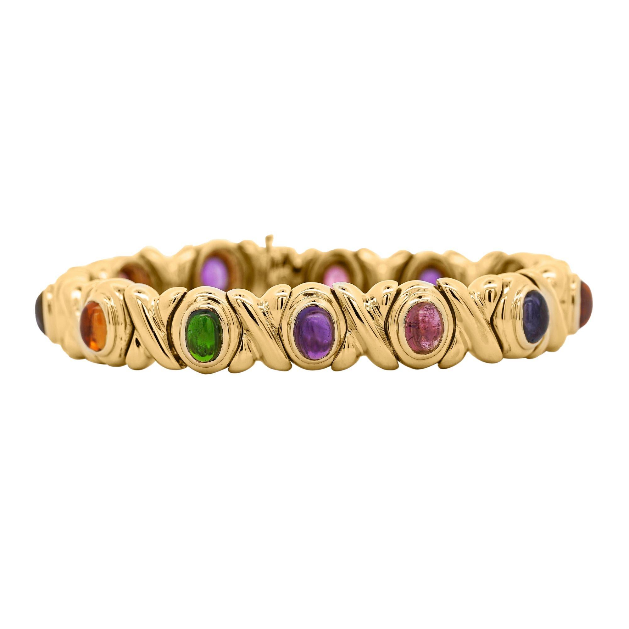 18K Gold Multi Color Gemstone Vintage Estate X Bezel Bracelet