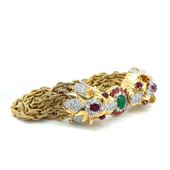 Bracelet chaîne multi-cordons en or 18K et platine à double tête de lion mordant avec émeraudes, diamants et rubis – Assay Jewelers