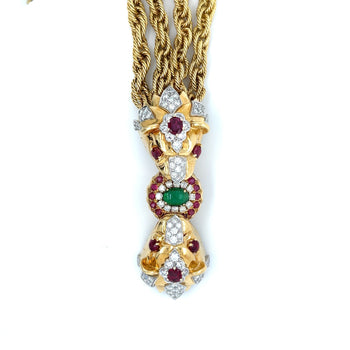 Bracelet chaîne multi-cordons à double tête de lion mordant en or 18K et platine, avec émeraudes, diamants et rubis – Assay Jewelers
