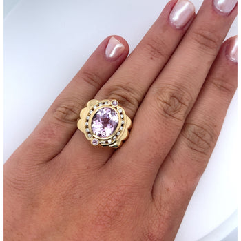18K Gold Vintage Retro Regal Ring With Pink Kunzite and Diamond Halo – Assay Jewelers