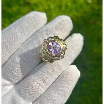 18K Gold Vintage Retro Regal Ring With Pink Kunzite and Diamond Halo – Assay Jewelers
