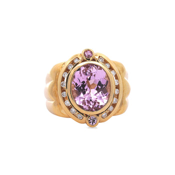 18K Gold Vintage Retro Regal Ring With Pink Kunzite and Diamond Halo – Assay Jewelers