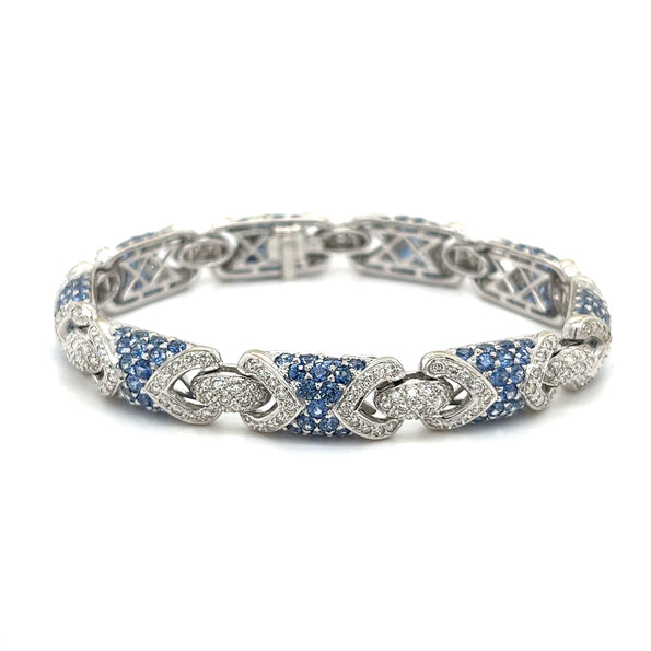 18K White Gold Natural Diamond and Natural Blue Sapphire Pave Set Bracelet