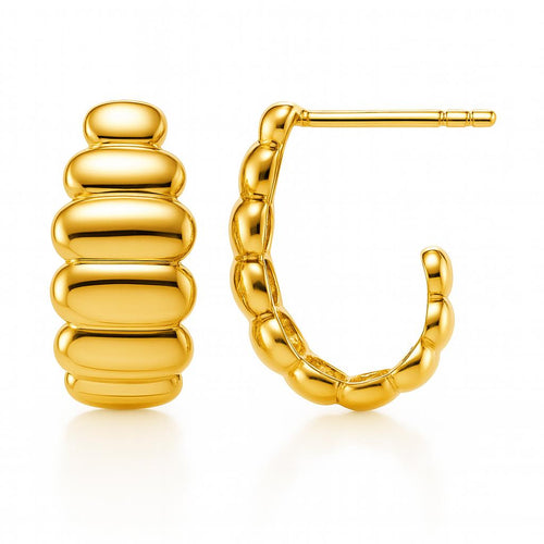 18MM J-Hoop Ribbed and Grooved 14K Gold Earrings