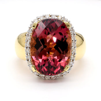 18.75 Carat Cushion Cut Pink Tourmaline & Diamond Halo Set 18K Yellow Gold Ring – Assay Jewelers