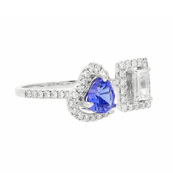 18k White gold Toi et Moi Ring with Natural Emerald cut Diamond and Heart Shape Tanzanite