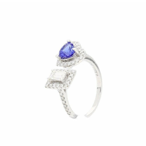 18k White gold Toi et Moi Ring with Natural Emerald cut Diamond and Heart Shape Tanzanite