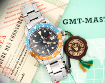 1964 Rolex GMT-Master Ref. 1675 PCG “Pepsi” with Gilt Dial & Chronograph Papers – Assay Jewelers