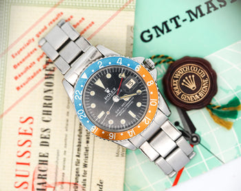 1964 Rolex GMT-Master Ref. 1675 PCG “Pepsi” with Gilt Dial & Chronograph Papers – Assay Jewelers