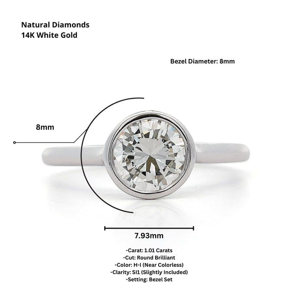 1.01 Carat Round Diamond Vintage Bezel 14K White Gold Solitaire Ring