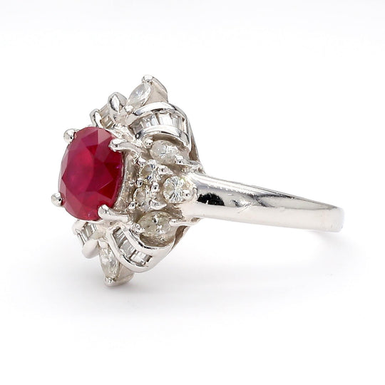1.26 Carat Oval Ruby & Mixed Diamond Ballerina Platinum Art Nouveau Style Ring