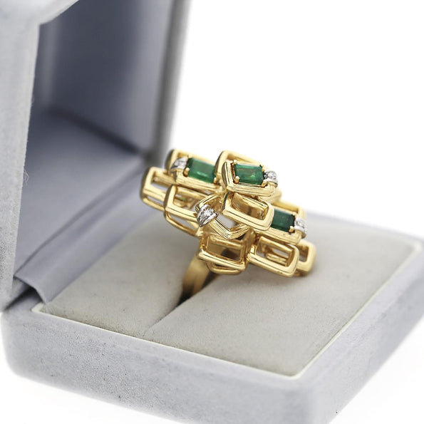 1.37 Carat Emerald and Diamond 18K Gold Geometric Lattice Ring