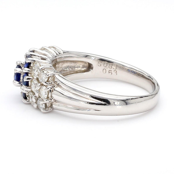 1.46 Carat Blue Sapphire & Diamond Platinum 3 Row Floral Cluster Band Ring