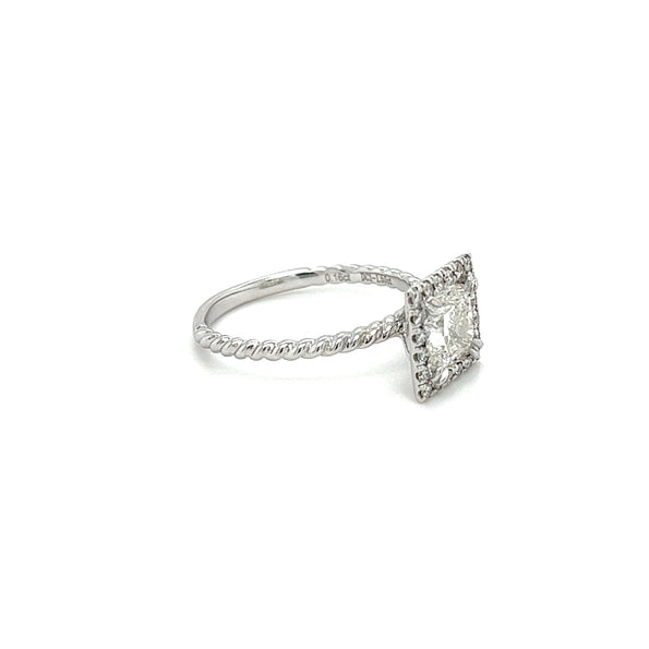 1.50 Carat Princess Cut Lab Grown Diamond Engagement Ring in 18K Rope Style Shank and Diamond Halo