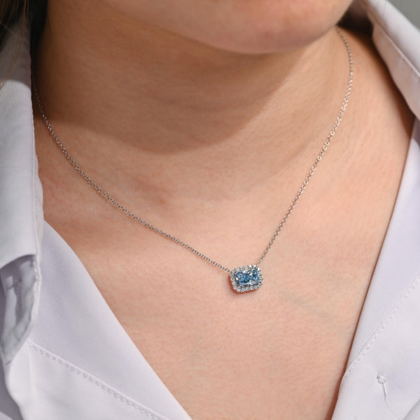 1.72 Carat Radiant Cut Blue & White Diamond Halo 14K White Gold Pendant Necklace