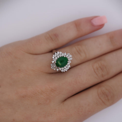 1.73 Carat Jadeite Jade Fei Cui & Diamond Halo Platinum Ballerina Filigree Ring