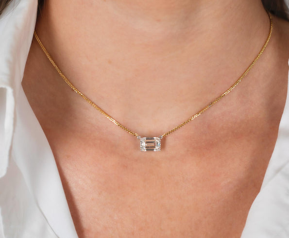 2-4 Carat Emerald Cut Lab Diamond East West Solitaire Pendant Necklace