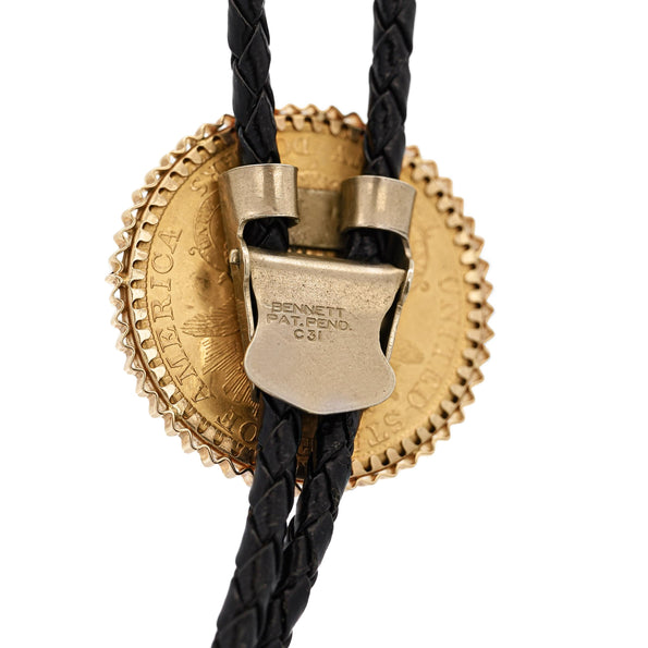 20 Dollar Lady Liberty 24k Gold Coin Alaskan Bolo Tie with Gold Nugget Tips