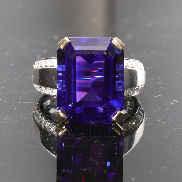20.45 Carat Emerald Cut Tanzanite & Diamond in 14K Two Tone Gold Cocktail Ring