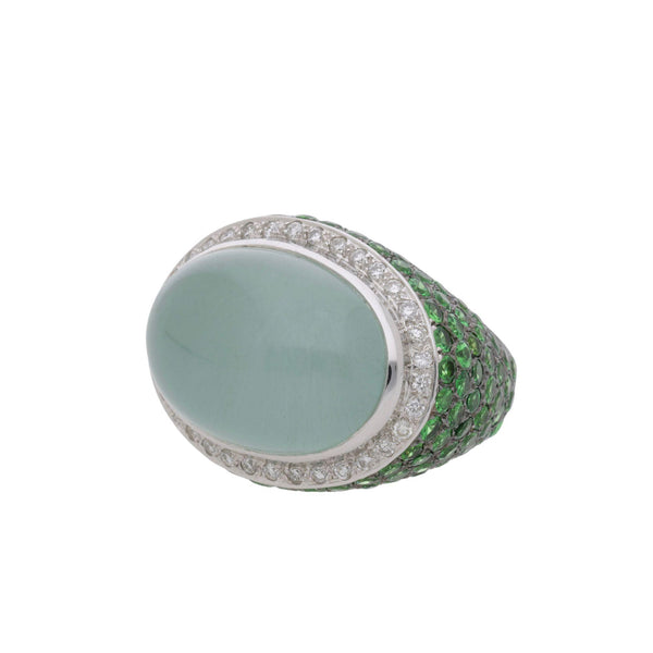 20.86 Carat Oval Aquamarine Tsavorite Diamond Dome 18K White Gold Cocktail Ring