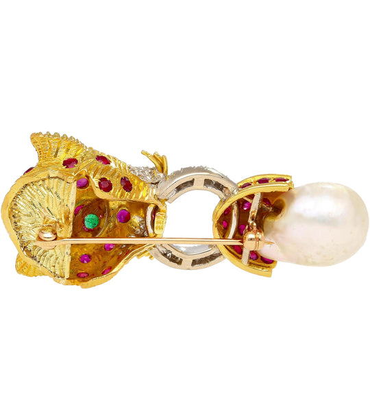22K Gold Leopard Head Brooch - Emerald, Ruby, Diamond & Baroque Pearl