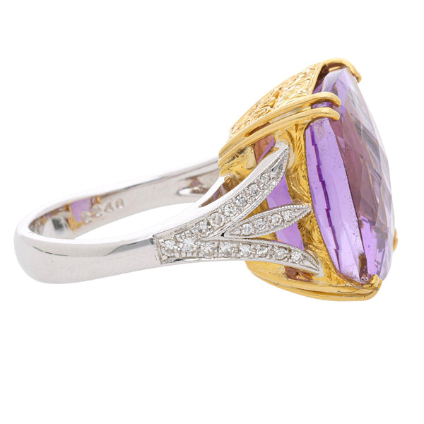 22.48 Carat Cushion Checkerboard Amethyst & Diamond Filigree 18K Two Tone Ring