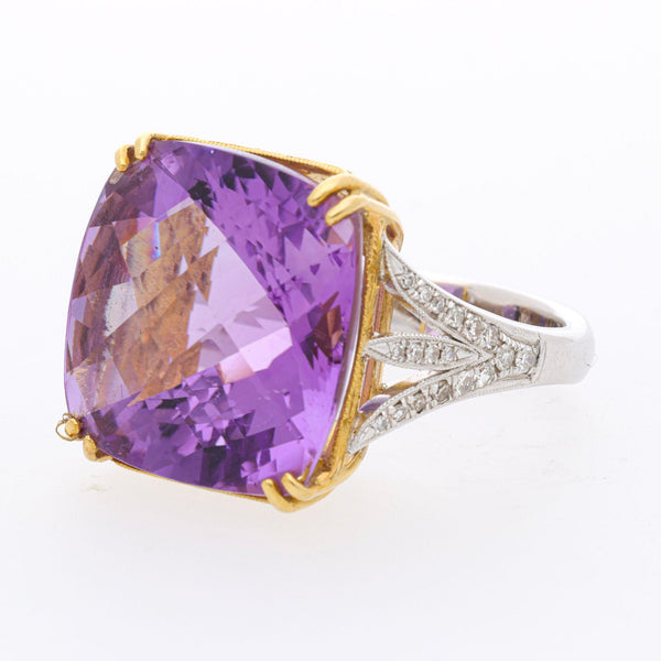 22.48 Carat Cushion Checkerboard Amethyst & Diamond Filigree 18K Two Tone Ring