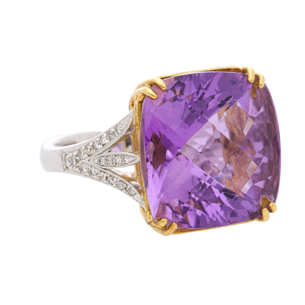 22.48 Carat Cushion Checkerboard Amethyst & Diamond Filigree 18K Two Tone Ring