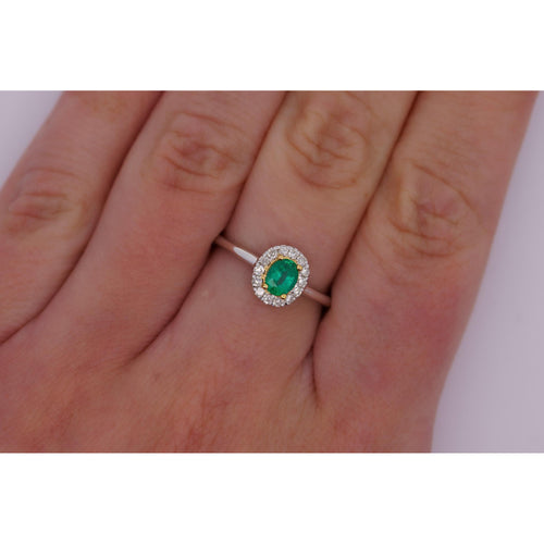 3 Carat Natural Emerald & Diamond Oval Halo Thin Band Ring in 18K White Gold