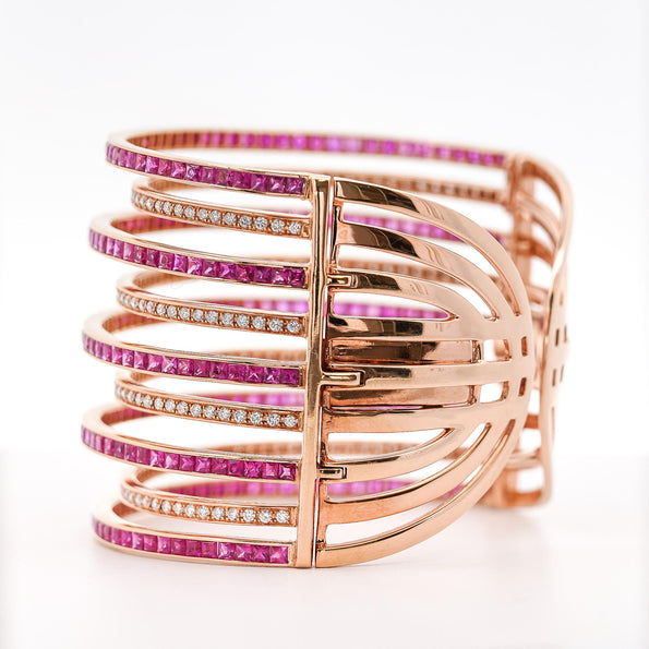 25ct Pink Sapphire & Diamond 18K Rose Gold Multi-Row Bangle