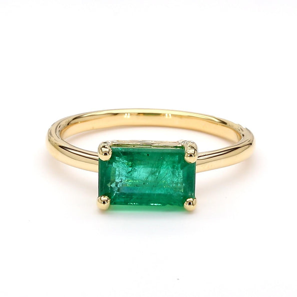 2.09 Carat East West Emerald Cut Green Emerald Solitaire 14K Gold Ring