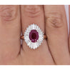 2.19 Carat Oval Cut Ruby and Baguette Diamond Halo Platinum Ballerina Ring