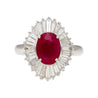 2.19 Carat Oval Cut Ruby and Baguette Diamond Halo Platinum Ballerina Ring