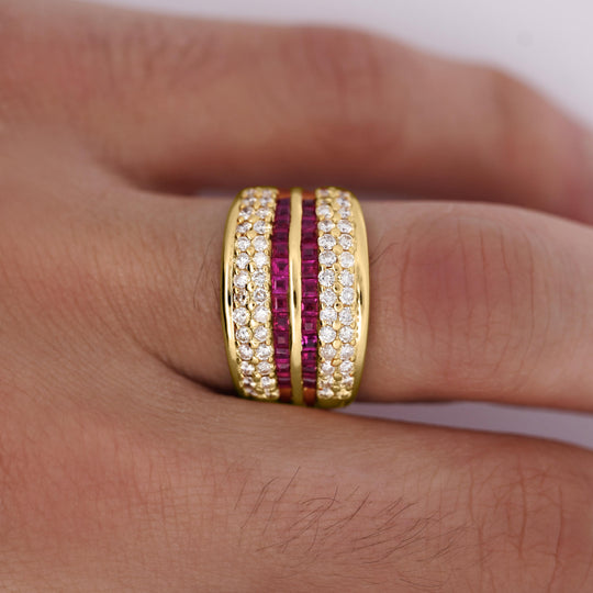 2.28 Carat Square Ruby & Diamond Channel Set 18K Gold Multi-Row Ring