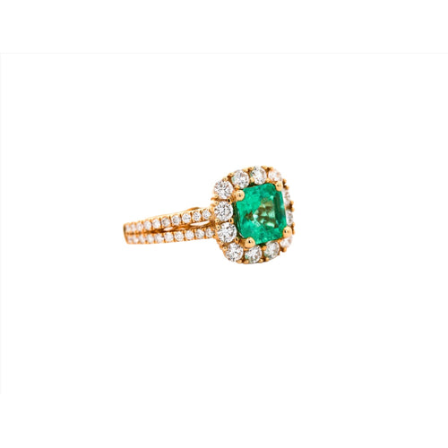 2.48 Carat TW Colombian Emerald & Diamond Halo Ring in 18K Gold 2-Row Setting