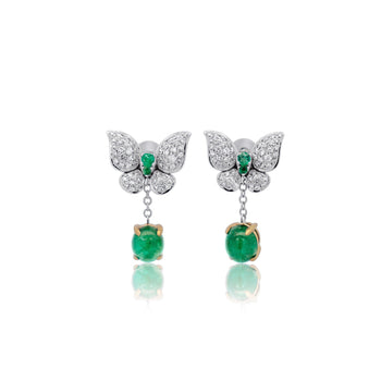 2.5 Carat Cabochon Cut Emerald and Diamond Butterfly Drop Earrings in 18K White Gold – Assay Jewelers