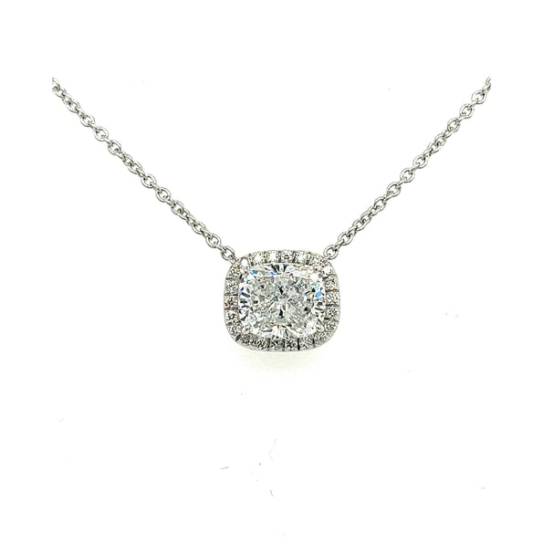 Pendentif en diamant de laboratoire CVD taille Coussin 2,51 carat avec halo de diamants, monture en platine 950 | chaîne câble