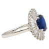 2.58 Carat Oval Cut Blue Sapphire and Diamond Halo Platinum Ballerina Ring