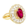 2.58 Carat Oval Thai Ruby & Triple Diamond Halo Retro Wide Frame Ring