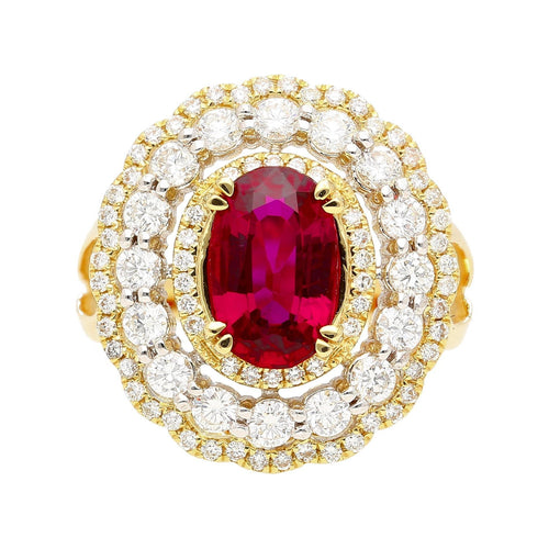 2.58 Carat Oval Thai Ruby & Triple Diamond Halo Retro Wide Frame Ring