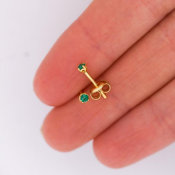 2.5mm Tiny Natural Emerald Round Stud Earrings 14K Gold Plated Silver