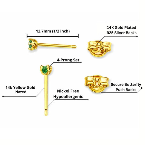 2.5mm Tiny Natural Emerald Round Stud Earrings 14K Gold Plated Silver