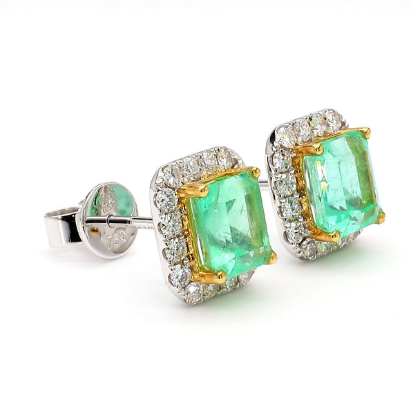 2.60 Carat Emerald Cut Emerald and Diamond Halo 18K Two Tone Gold Stud Earring