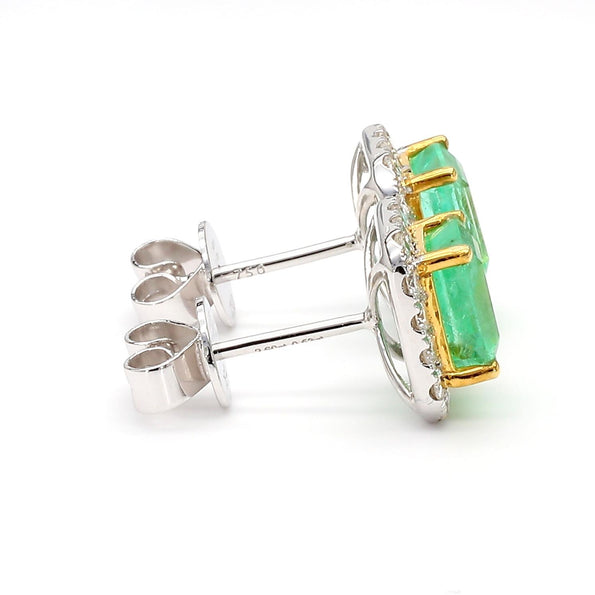 2.60 Carat Emerald Cut Emerald and Diamond Halo 18K Two Tone Gold Stud Earring