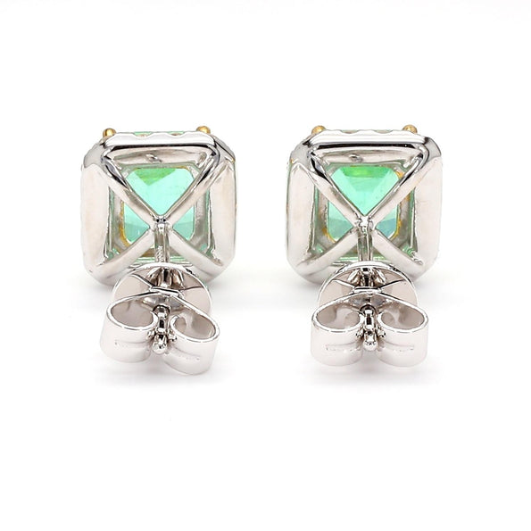 2.60 Carat Emerald Cut Emerald and Diamond Halo 18K Two Tone Gold Stud Earring