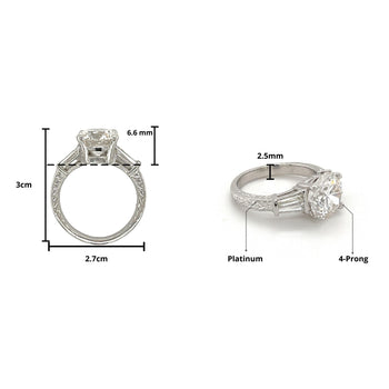 Diamant rond de 3 carats cultivé en laboratoire, avec pierres latérales en diamant baguette, dans une Bague Anciens en platine – Assay Jewelers