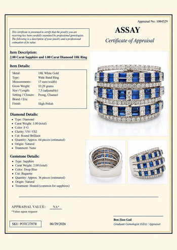 3 Carat Sapphire and Diamond 18K White Gold 3 Row Wide Band Ring – Assay Jewelers