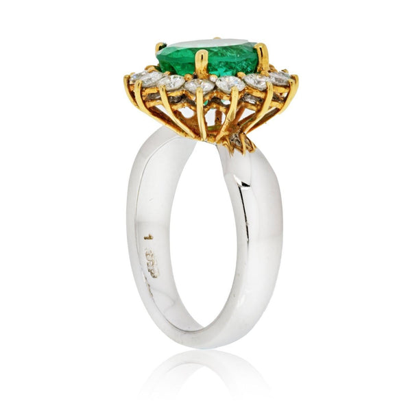 3 Carat Vivid Green Colombian Emerald and Diamond Halo Ring 18K White Gold