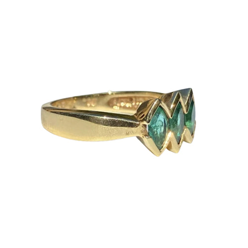 3-Stone Marquise Cut Emerald in 14k Solid Yellow Gold Ring