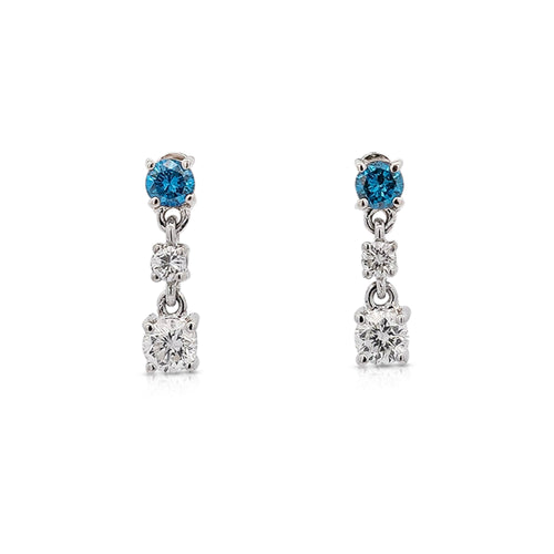 3 Stone Round Cut Natural Blue and White Diamond Drop Earrings In 18K White Gold